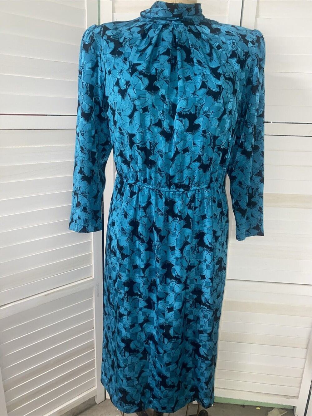 Vintage 80s Pellini by Von Bramlett Polyester Floral Teal Black Dress Sz Medium